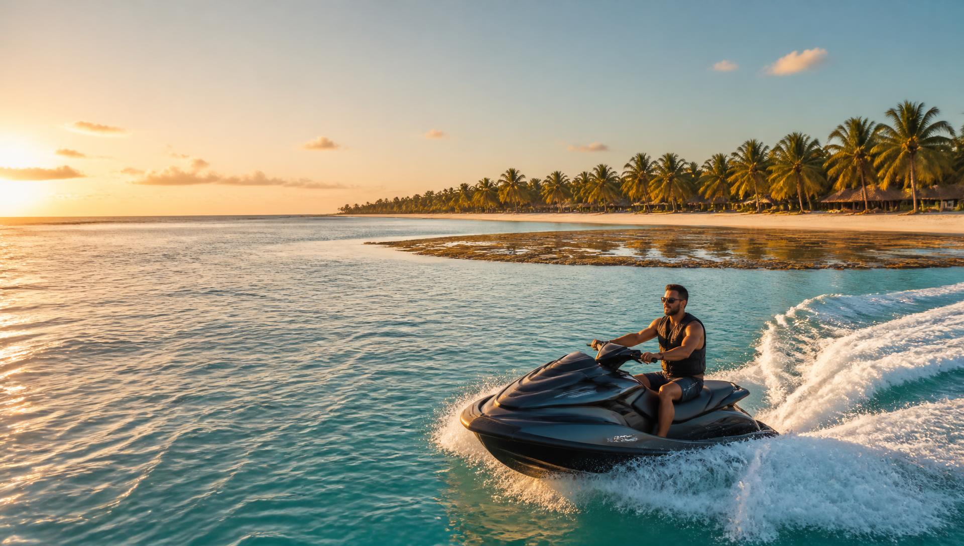 Jet ski acelerando ao entardecer no litoral da Bahia
