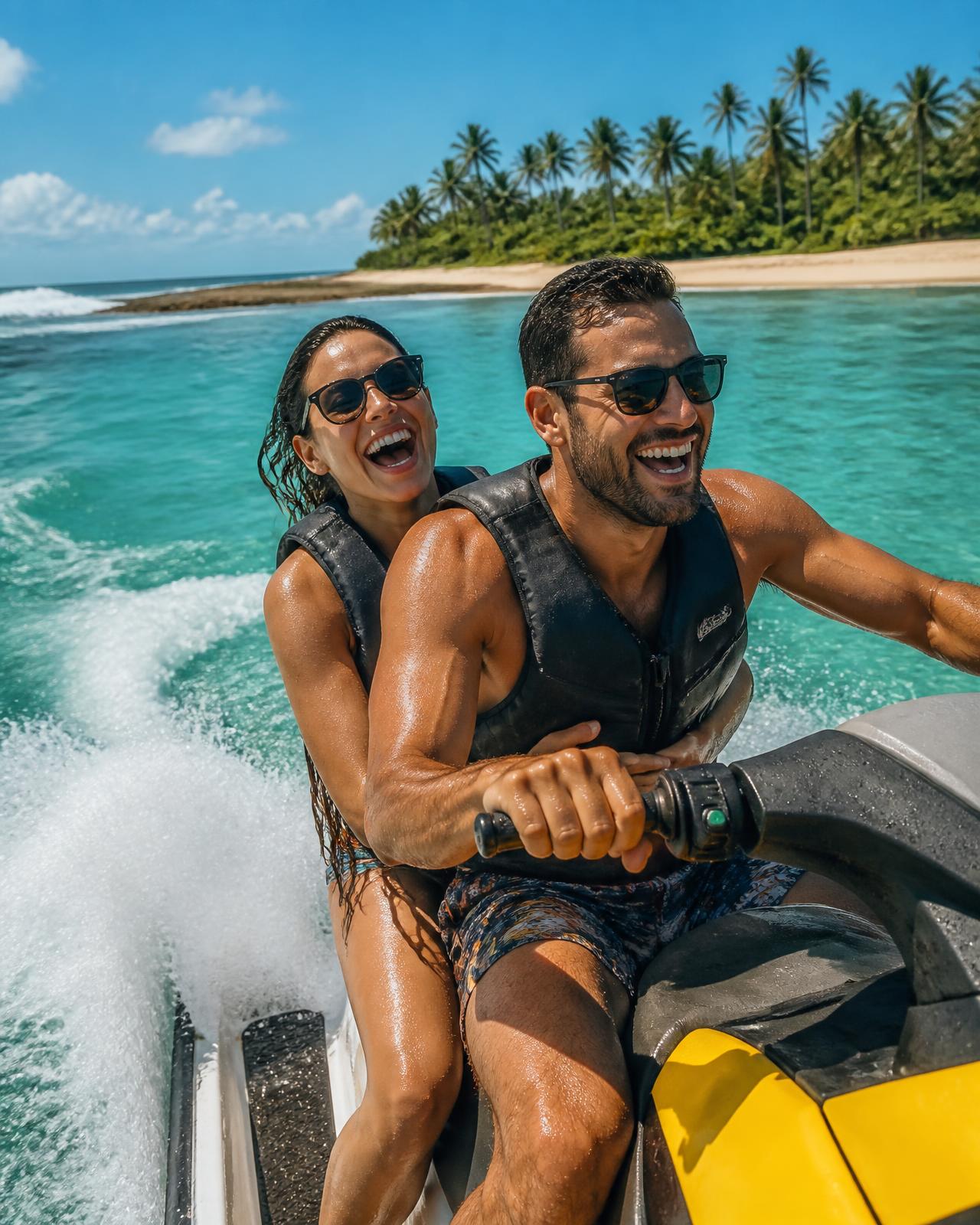 Casal se divertindo em um jet ski nas águas de Porto Seguro