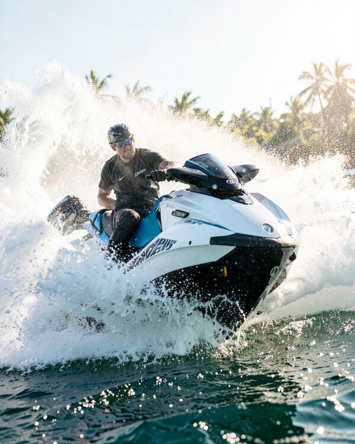 Jet ski cortando as águas turquesa de Coroa Vermelha em Porto Seguro